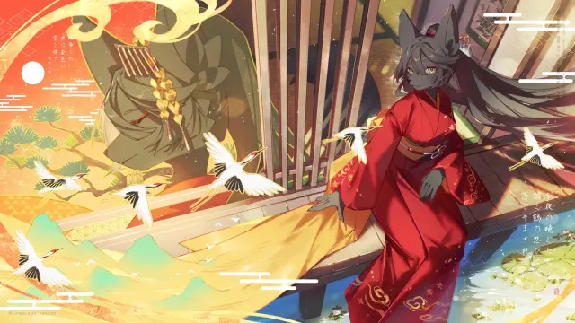 A digital illustration of my foxgirl OC Yomiko, in a 16:9 aspect ratio. She's wearing her usual red yukata and sitting on the deck of a Japanese-style house  as birds fly by in the foreground.