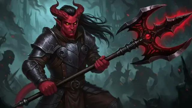 New D&D artwork featuring a red skinned tiefling Hexblade Warlock weidling a massive eldritch halberd that glows with unholy red energy.