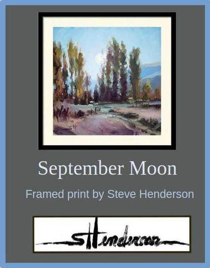 Framed print of an original oil painting depicting a country landscape a night under a full moon.