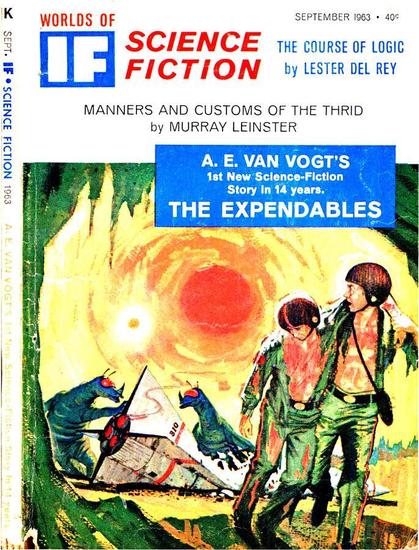 Two figures in torn uniforms and helmets, one supporting the other, are walking away from a crashed space ship which is being pawed by two alien creatures with antennae and a single bulging red eye. The sky is dominated by a red sun and a small yellow planet/moon.
Worlds of IF magazine cover from 1963.