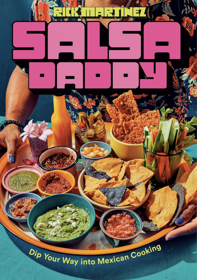 Salsa Daddy. (Mexican) A pic of a person in a colourful top with a tray containing bowls of salsas and snacks.
