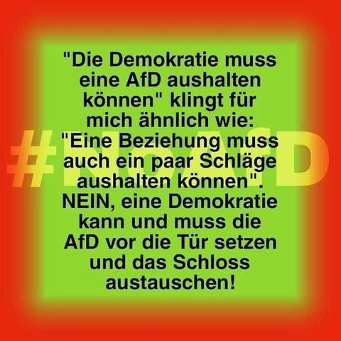 Roter Rand außen.Innen grün mit dem #noafd und dem Text :"Die Demokratie muss
eine AfD aushalten
können" klingt für
mich ähnlich wie:
"Eine Beziehung muss auch ein paar Schläge aushalten können. "
NEIN, eine Demokratie
kann und muss die
AfD vor die Tür setzen
und das Schloss
austauschen!