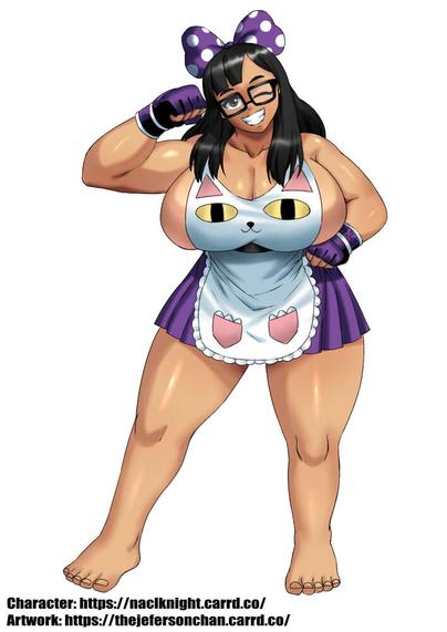 Illustration of a chubby, very curvaceous Filipino woman wearing a purple polka dot bow, glasses, an apron shaped like a cat head, a purple skirt, and purple MMA gloves. The artist and creator's links are written on the image