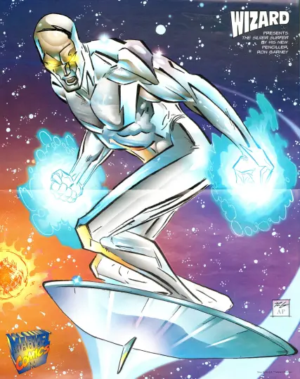 a poster, it is silver surfer flying through space, his eyes glowing gold, his hands in fists, blue energy emanating from them, in the upper right corner is the wizard logo, in the lower left is the marvel comics logo