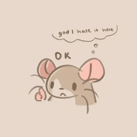 my ratsona stares blankly, looking unimpressed. they present a thumbs up, with text above their head reading "OK". secretly, they think to themself, "god I hate it here"