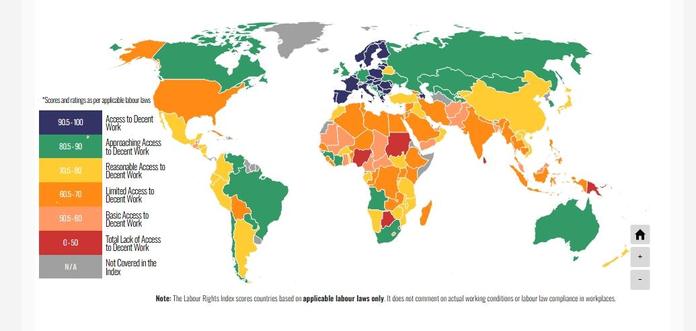 Map of the world showing different colors for different countries based on level of decent work