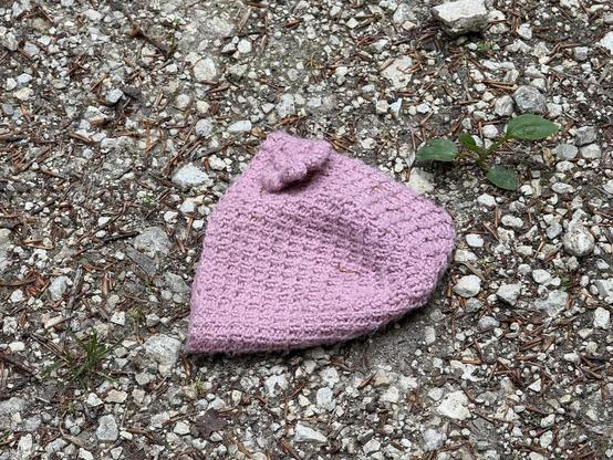 Eine pinkige Babywollmütze liegt auf einem Wanderweg im Wald.
