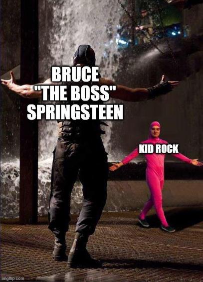 Bane: Bruce "The Boss" Springsteen
Pink Guy : Kid Rock

About

Bane vs. Pink Guy, also known as Bane vs. Filthy Frank, is an image macro series based on a screenshot from the film The Dark Knight Rises altered to include the Filthy Frank character Pink Guy. In the image, the Batman villain Bane is preparing to fight to Pink Guy