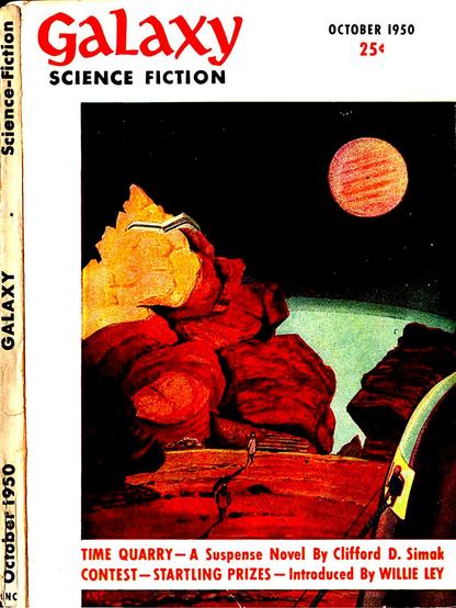 A red landscape overlooked by an orange planet/moon has rocky outcrops, one with a building on top; two figures are seen outside on the surface, while another looks on through the window of a domed structure.
Magazine cover from 1950.
