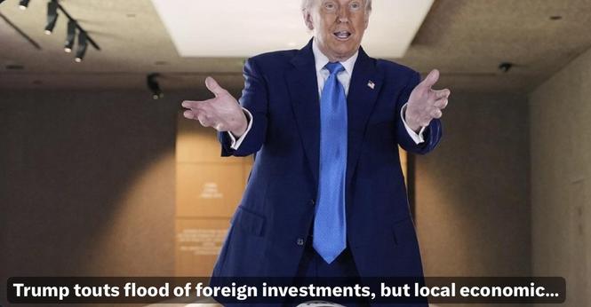 Trump with his arms extended toward someone: