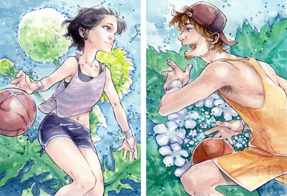 wo aceo (= Art Cards, Editions and Originals) cards, done in light watercolours. On the left one a girl, on the right a guy, both in sporty clothing and each with a basketball. In dynamic motion, the girl to the right, the guy to the left. Behind her a huge dandelion, behind him a kind of hydrangea.