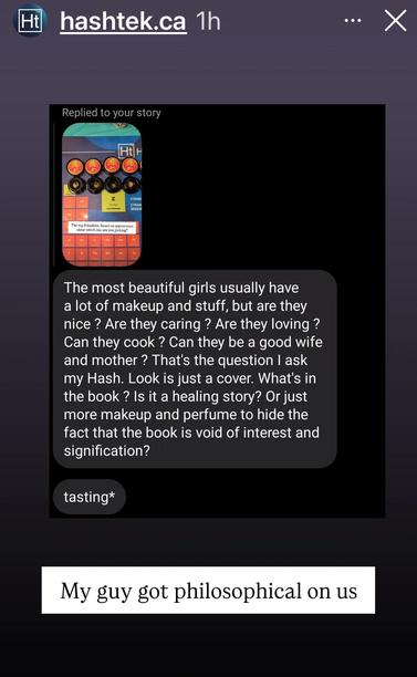 Screen shot with a pink and green image in the upper corner. Black with white text box.