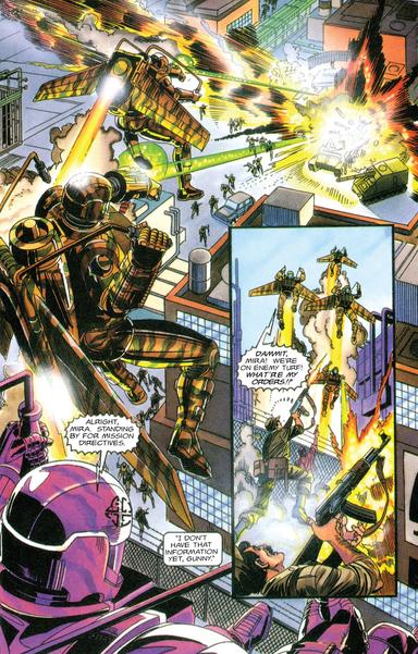 the armorines flying  with mechanical wings with rocket boosters, shooting at the soldiers defending the compound, explosions from the blasts they're firing, wrecking the buildings below