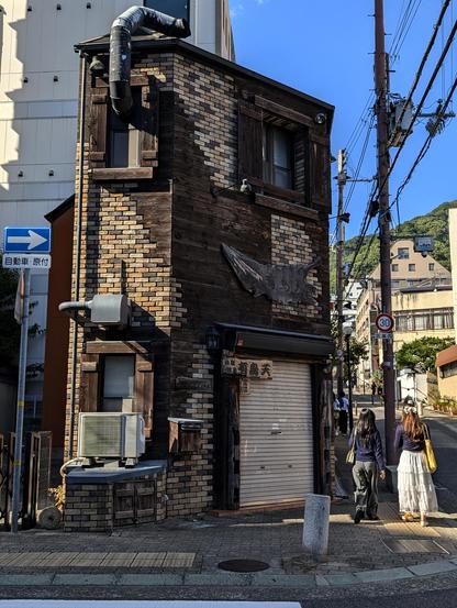 A small, two-story house with a triangular cross-section when viewed from above. Its walls are half brick and half weathered wood. Various signs and a crooked chimney pipe give the building an eerie appearance. It's actually a Yakitori Restaurant.