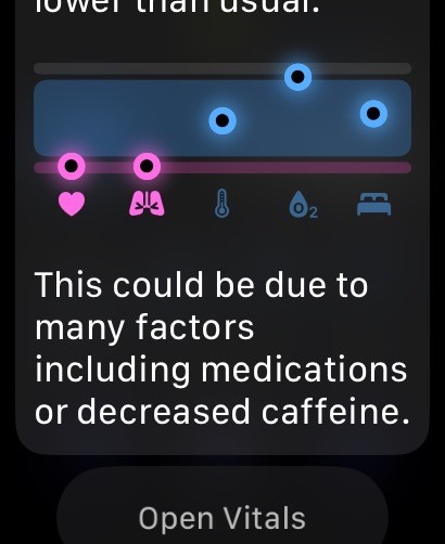 An interface displays health metrics with icons indicating heart rate, temperature, oxygen levels, and other vital signs, accompanied by a message suggesting lower values may be due to decreased caffeine intake.