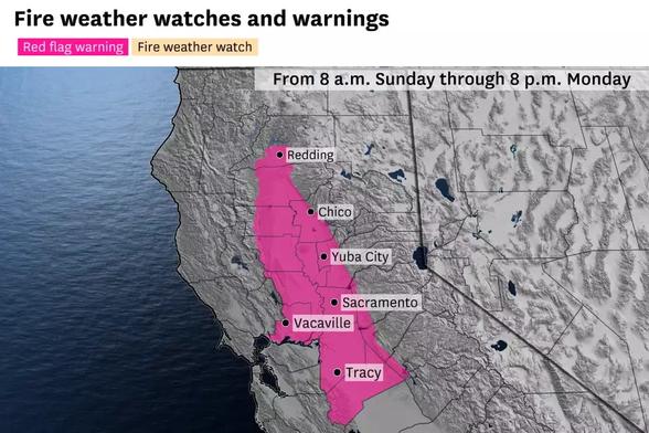 Map showing the location of the red flag warning running from 8 am Sunday through 8 pm Monday. Cities including in the zone: Redding, Chico, Yuba City, Sacramento. Vacaville, Tracy. This is all inland, away from the coast.n