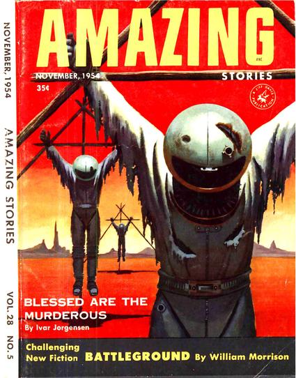 Three figures in damaged space suits and helmets, each "crucified" on a triangular structure, their arms up and their heads hanging down, are seen, positioned roughly in line receding into the distance, on a barren red plain.
Amazing Stories magazine cover from 1954.