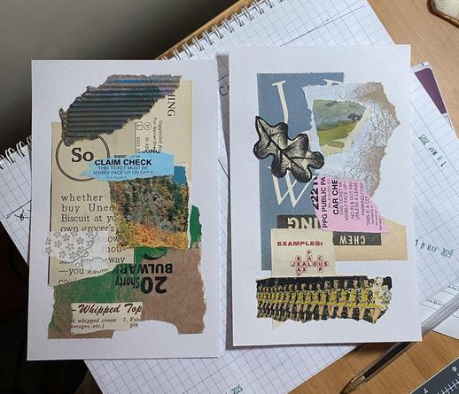 There are two collages in this photo. A primary focus in the collage on the left is a scrap of cardboard painted green with a touch of blue. There are various other scraps of older paper from magazines as well as a part of a grocery bag with some green paint on it. The collage on the right has a focus on a cut out oak leaf from a magazine, along with some craft paper with white paint smeared on it. Also, along the bottom of this collage is what looks like a line of dancers in blue and yellow costumes.