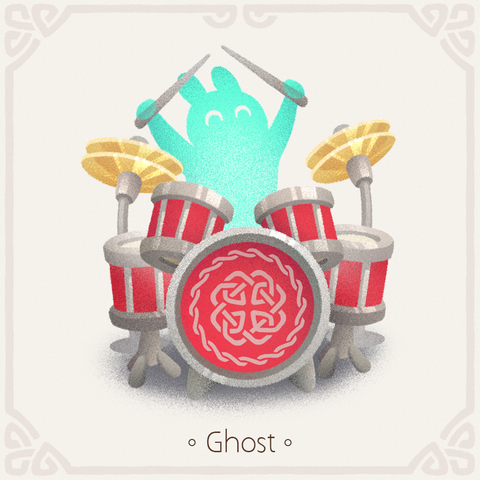 A stylized image of a ghost bunny playing a drum kit.
