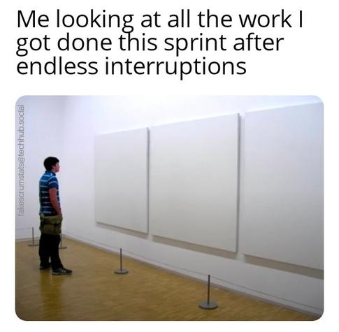 Photo of a man standing in an art museum, looking at three blank canvases.

Caption: Me looking at all the work I got done this sprint after endless interruptions