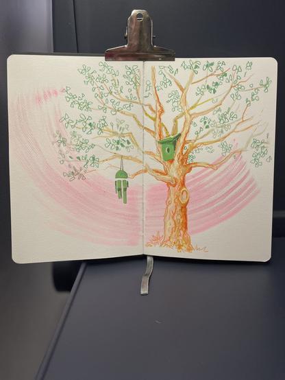 An open sketchbook with a tree. Also with a birdhouse and a wind chimes. In the background is a big pink dry brushstroke.