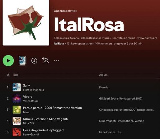 An image of the ItalRosa playlist on Spotify with the first five songs: Sally, Fiorella Manoia - Vivere, Vasco Rossi - Parole parole, Mina - 50mila, Nina Zilli - Cosa da grandi, Irene Grandi.