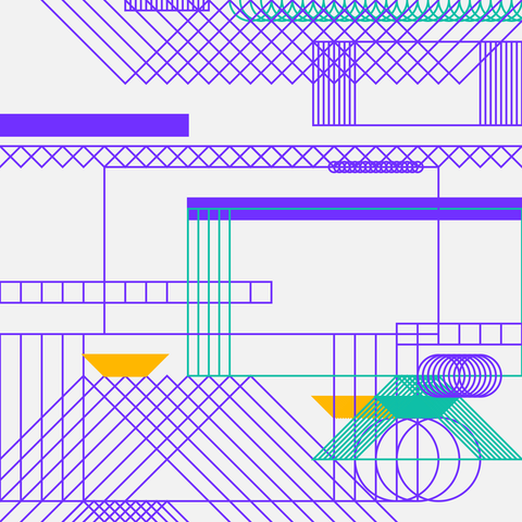 This image is an abstract generative artwork featuring a variety of geometric shapes and patterns. It includes a mix of colors such as purple, teal, and yellow. The composition is dynamic, with overlapping shapes creating a sense of depth and movement. The use of bold colors and sharp lines gives the artwork a modern and energetic feel.