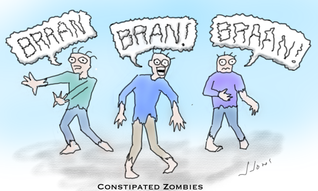 a cartoon drawing of three zombies staggering forward screaming "BRAN!". The caption reads: "Constipated Zombies"