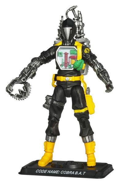 a photo of a robotic android soldier from cobra, he is black with yellow,, one of his arms a claw, the other a metallic hand, he is seen from the front in a three quarter view