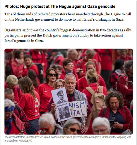 Screenshot of Al Jazeera live blog:

"Photos: Huge protest at The Hague against Gaza genocide
Tens of thousands of red-clad protesters have marched through The Hague to call on the Netherlands government to do more to halt Israel’s onslaught in Gaza.

Organisers said it was the country’s biggest demonstration in two decades as rally participants pressed the Dutch government on Sunday to take action against Israel’s genocide in Gaza.
[incl. a photo of the demonstrators, mostly dressed in red, calling on the Dutch government to act against Israel and the ongoing war in Gaza [Phil Nijhuis/EPA]