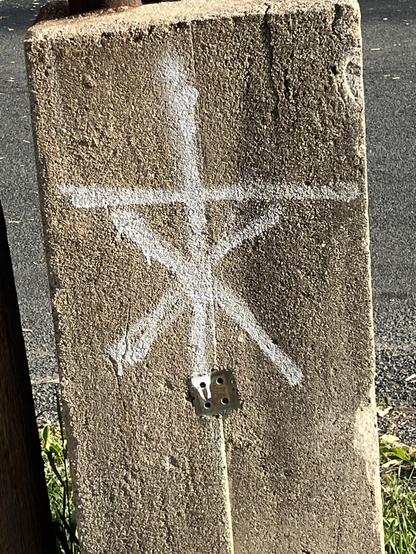 A found symbol on a concrete bollard. The concrete is rough and pitted by weather, white spraypaint on the concrete with two symbols possibly overlaid near each other. Below, a star symbol, like an asterisk, and then above it, and sharing the stroke from the top to the bottom of the asterisk below is what appears to be a plus symbol. Below the symbols, a metal plug embedded into the concrete itself, but I don't think it means anything.