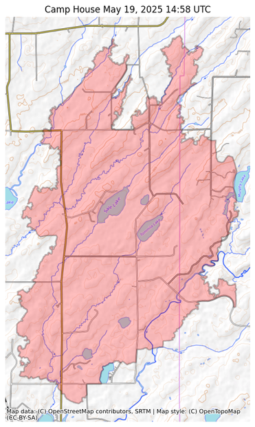 Visual map representation of the Camp House wildfire, showing the perimeters of the 12166.158299309616 acre fire on a map.