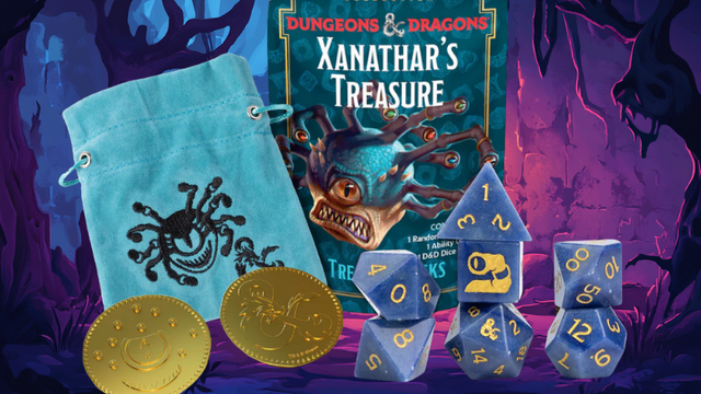 The new Xanathar Treasure Pack, featuring a dice bag, coins, and dice.