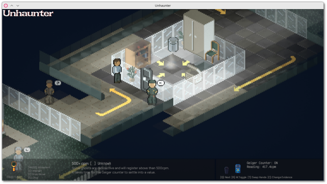 🕶️ A view (in 2.5D) of its UI on the 1st training level (on my PC): the protagonist (me) is approaching a glass room where we can discern a ghost (transparent with red eyes, to the left of the central room). At the bottom of the UI, right and left, instruments in the protagonist's right and left hands, taken from his inventory and activated. The rooms are guarded by men in uniform, who also act as guides, providing help when you stay in contact with them for a while.

📚️ Unhaunter: Dare to Face the Unseen is a libre, multi-platform ghost-hunting game that seamlessly blends exploration, puzzle-solving and strategic investigation. The player is a paranormal investigator armed with state-of-the-art equipment, tasked with identifying and expelling restless spirits from haunted locations. To do this, he equips himself with instruments to identify the entities and explores the premises in search of them. The clues gathered (reaction to the instruments, visual & sound manifestations) will be used to identify the entity and concoct a repellent. Beware, however, of its deadly frightening reactions.
