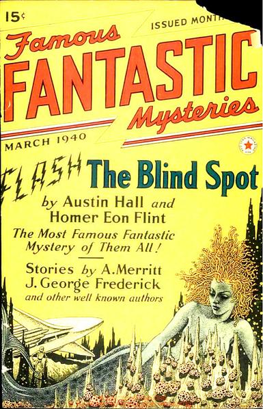 Most of the cover is dominated by text but the lower third shows a mermaid with hair like coral, lying down with pointed rocks covered in growths in front of her. A ship or submarine is seen in the distance with a figure in suit or an android heading toward the mermaid.
Famous Fantastic Mysteries magazine cover from 1940.