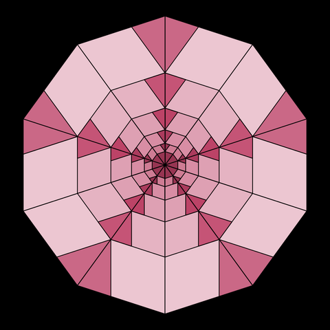 Decagonal tiling with rhombus and isosceles triangles (called golden triangles), in unsaturated reddish shades.