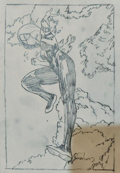 a black and white pencil drawing of spider-gwen leaping through the air above the viewer, one hand in a fist, the other preparing to shoot her webs, blurred clouds behind her