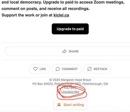 A screenshot of an email shows some text on the top of the shot followed by a button that says “upgrade to paid” and some other buttons. Toward the button there is some text including the address and under that is an Unsubscribe link which I have circled multiple times with a thin red line.