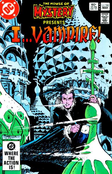 the cover of a comic book, at the top center in smaller and then larger letters it reads 'the house of mystery presents...I...Vampire!', the dc comics logo is in red and white in the upper left corner, the illustration is of  a cloaked vampire atop the spires of the kremlin i think,  snow is fallen on them, steam coming from his mouth, the vampire is looking a the viewer