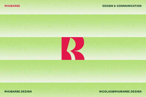 Composition avec le logo de Rhubarbe sur fond dégradé et les mentions “Rhubarbe / Design & Communication / rhubarbe.design / nicolas@rhubarbe.design”.
