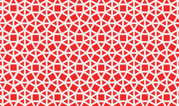 Tiling of red squares and red equilateral triangles with wide gray lines between them.
The red triangles are sometimes grouped in hexagons, sometimes paired as rhombuses, and sometimes on their own. All squares' corners touch another square.