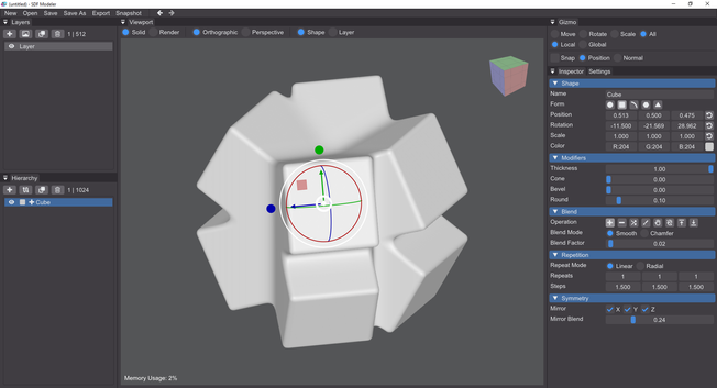 Screenshot of the SDF Modeler 3D editor, showing its UI and smoothly mirrored SDF cubes.