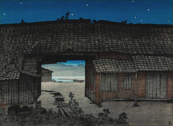 An abandoned warehouse, dark and unused, slowly crumbling away under a starry night sky. A disused path of wooden duckboards passes through a covered opening, allowing us to see beyond toward another dark building standing next to a body of water; nearby, a small open boat has been pulled up on shore. Further on, the shadowy shapes of mountains cross the horizon.