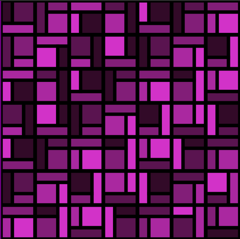 A 10 by 10 pattern of square tiles which are divided into three rectangles (one vertically orientated, one horizontically and a square); the subtiles are coloured different kinds of purple.