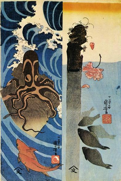 Woodblock of fish and an octopus.

Image thanks - https://ukiyo-e.org/