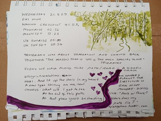 This ink picture is mostly text lyrics from songs and info on the moon. There's a small green doodle of a path through a wood, and a purple dividing line and hearts, which in hindsight would have been different