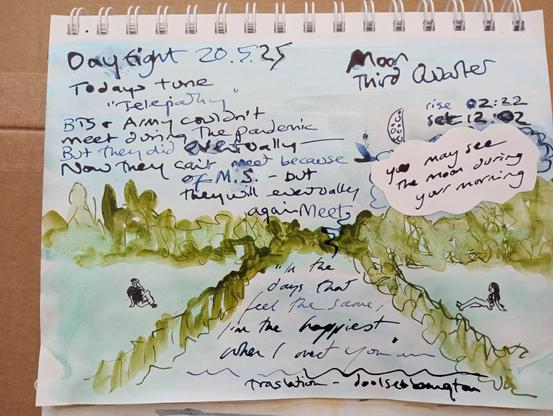Ink sketch, blue sky with 3rd quarter moon. A river with two people, each sitting on opposite sides, separated by the river. Text about moon and BTS.