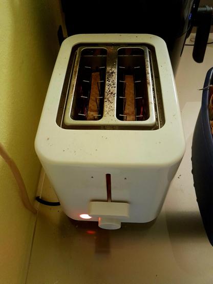 Toast is toasting in the toaster. Round side down.