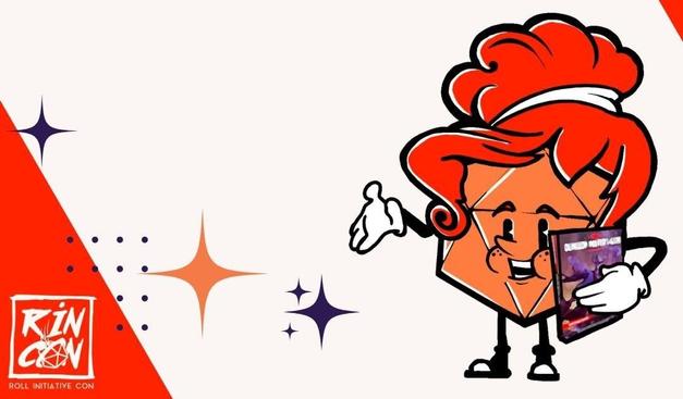 A drawing of the RINCON logo, Queen Ann imagined as an orange dodecahedron (D20 die) with red hair. They're holding a TTRPG rulebook and they're holding out their hand to invite you to come to Roll Initiative Con!