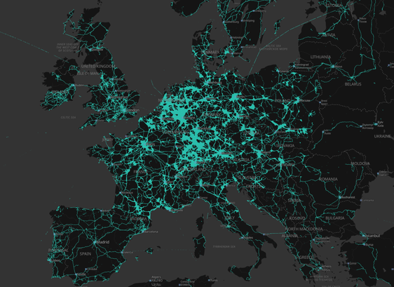 Screenshot of part of the beaconDB map. It shows roughly western Europe on a black map with in green locations where beaconDB information is available. Many parts are well covered, especially cities.